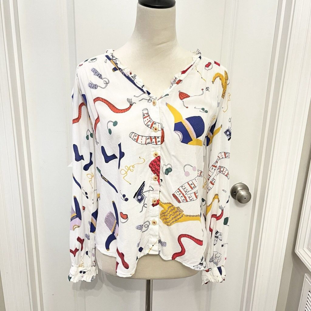 Anthropologie Maeve Marisol Blouse- White Ski Snow Theme Button Front Relaxed- 8